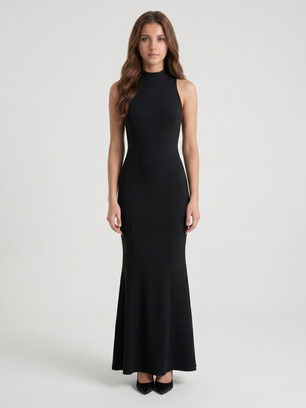 Black Stretch Knit Mermaid Scoop Neck Backless Floor-Length Bridesmaid Dress