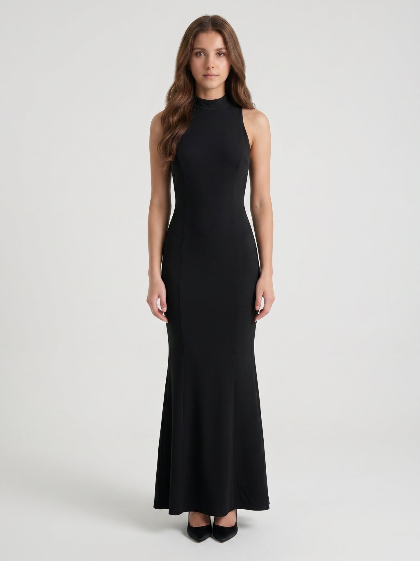 Black Stretch Knit Mermaid Scoop Neck Backless Floor-Length Bridesmaid Dress