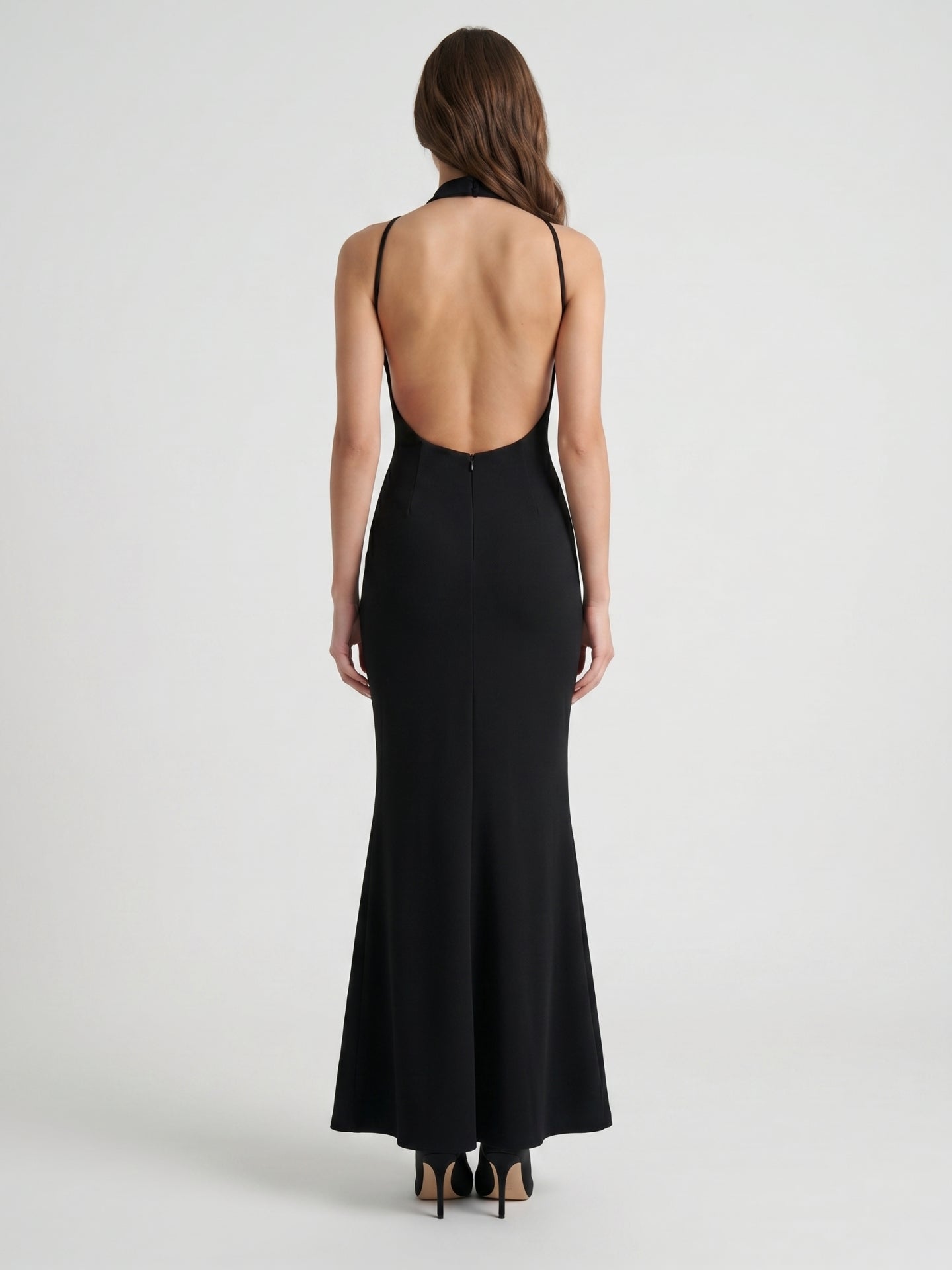 Black Stretch Knit Mermaid Scoop Neck Backless Floor-Length Bridesmaid Dress