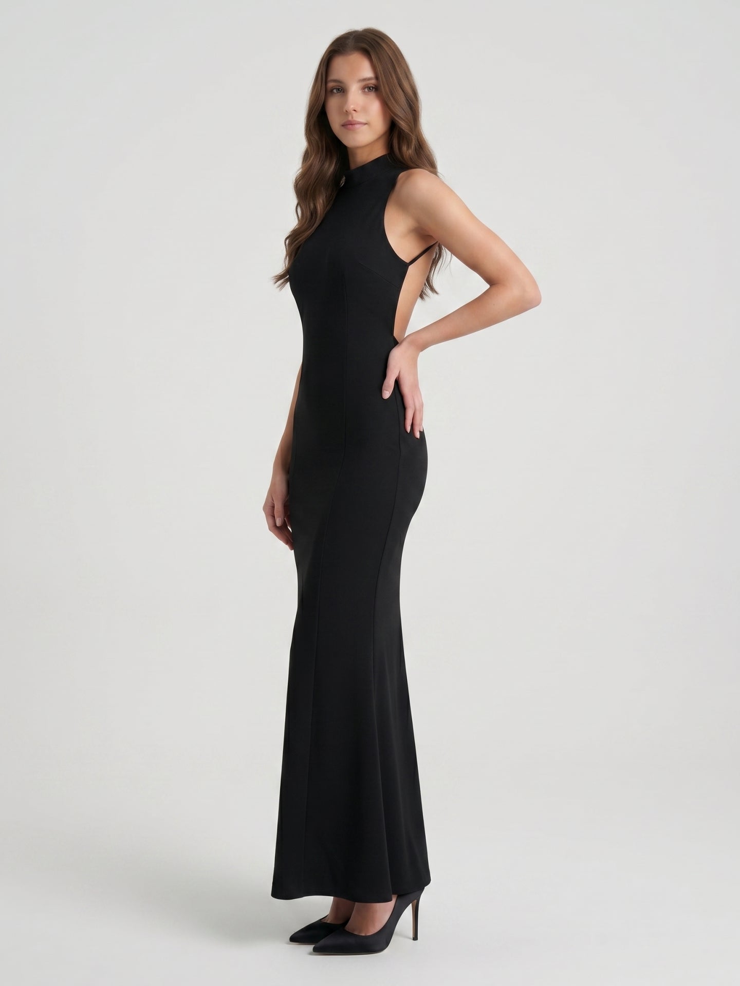 Black Stretch Knit Mermaid Scoop Neck Backless Floor-Length Bridesmaid Dress