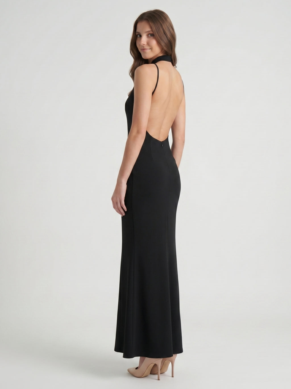 Black Stretch Knit Mermaid Scoop Neck Backless Floor-Length Bridesmaid Dress