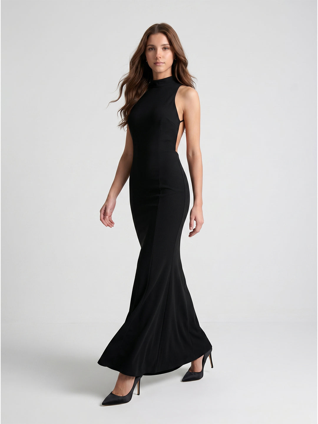 Black Stretch Knit Mermaid Scoop Neck Backless Floor-Length Bridesmaid Dress