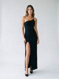 Black Stretch Knit Sheath One Shoulder Backless Ankle-Length Formal Dress