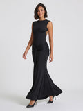 Black Stretch Knit Sheath Scoop Neck Backless Floor-Length Formal Dress with Pleating