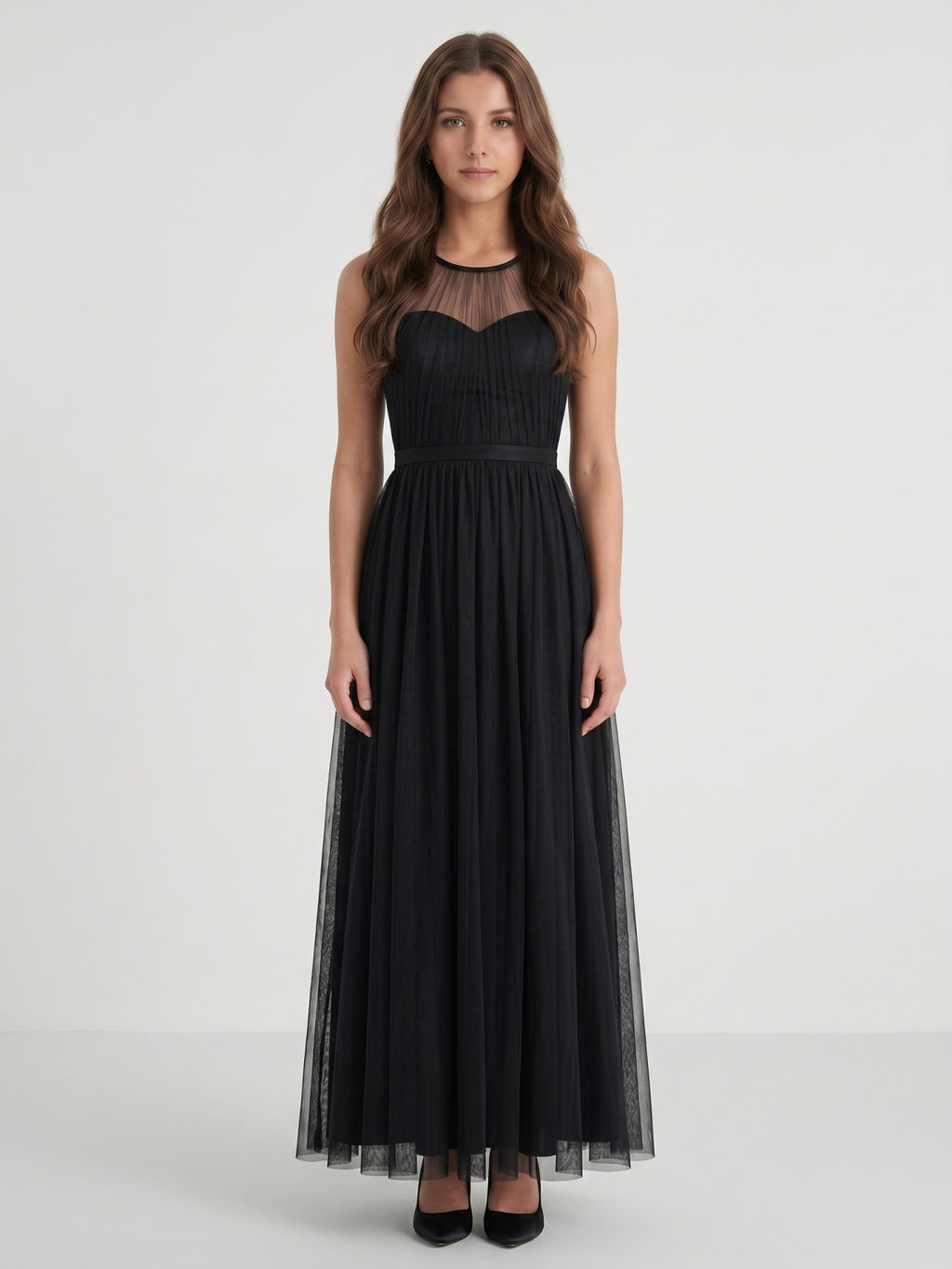 Black Tulle A-Line Halter Keyhole Back Floor-Length Pleated Bridesmaid Dress