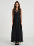 Black Tulle A-Line Halter Keyhole Back Floor-Length Pleated Bridesmaid Dress