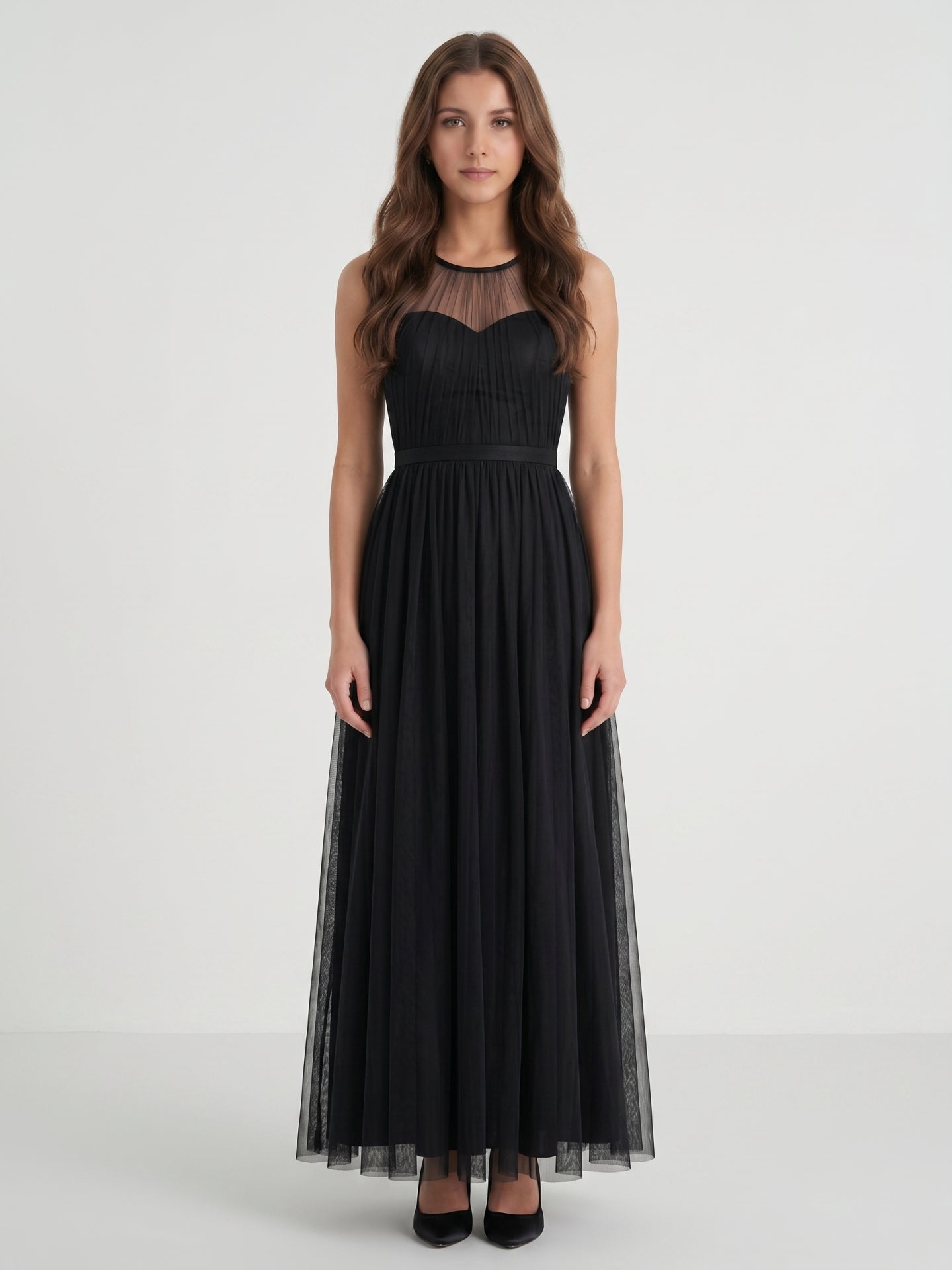 Black Tulle A-Line Halter Keyhole Back Floor-Length Pleated Bridesmaid Dress