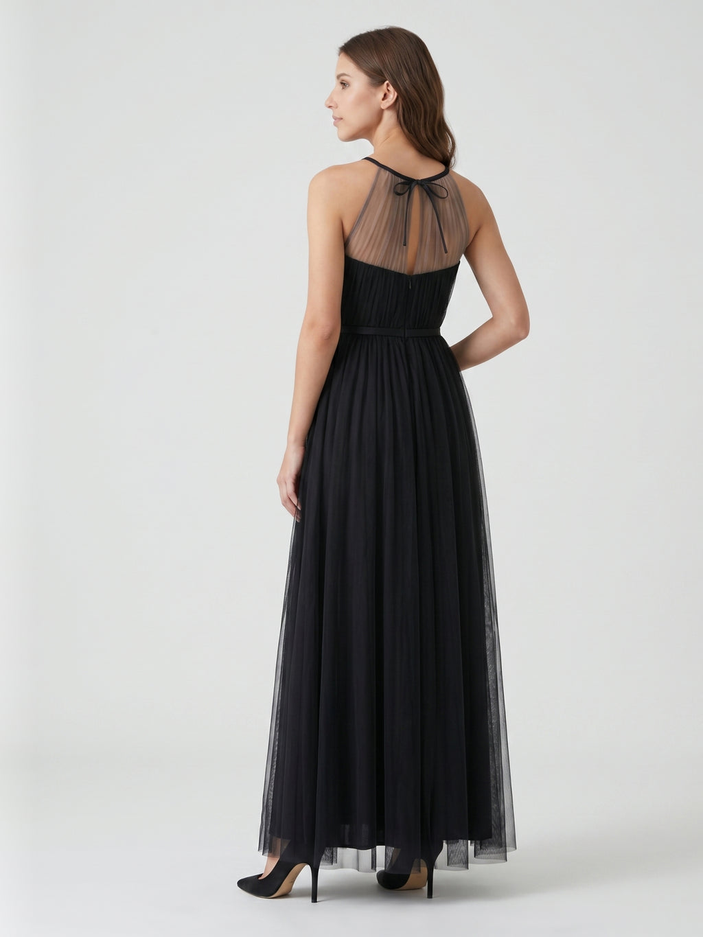 Black Tulle A-Line Halter Keyhole Back Floor-Length Pleated Bridesmaid Dress