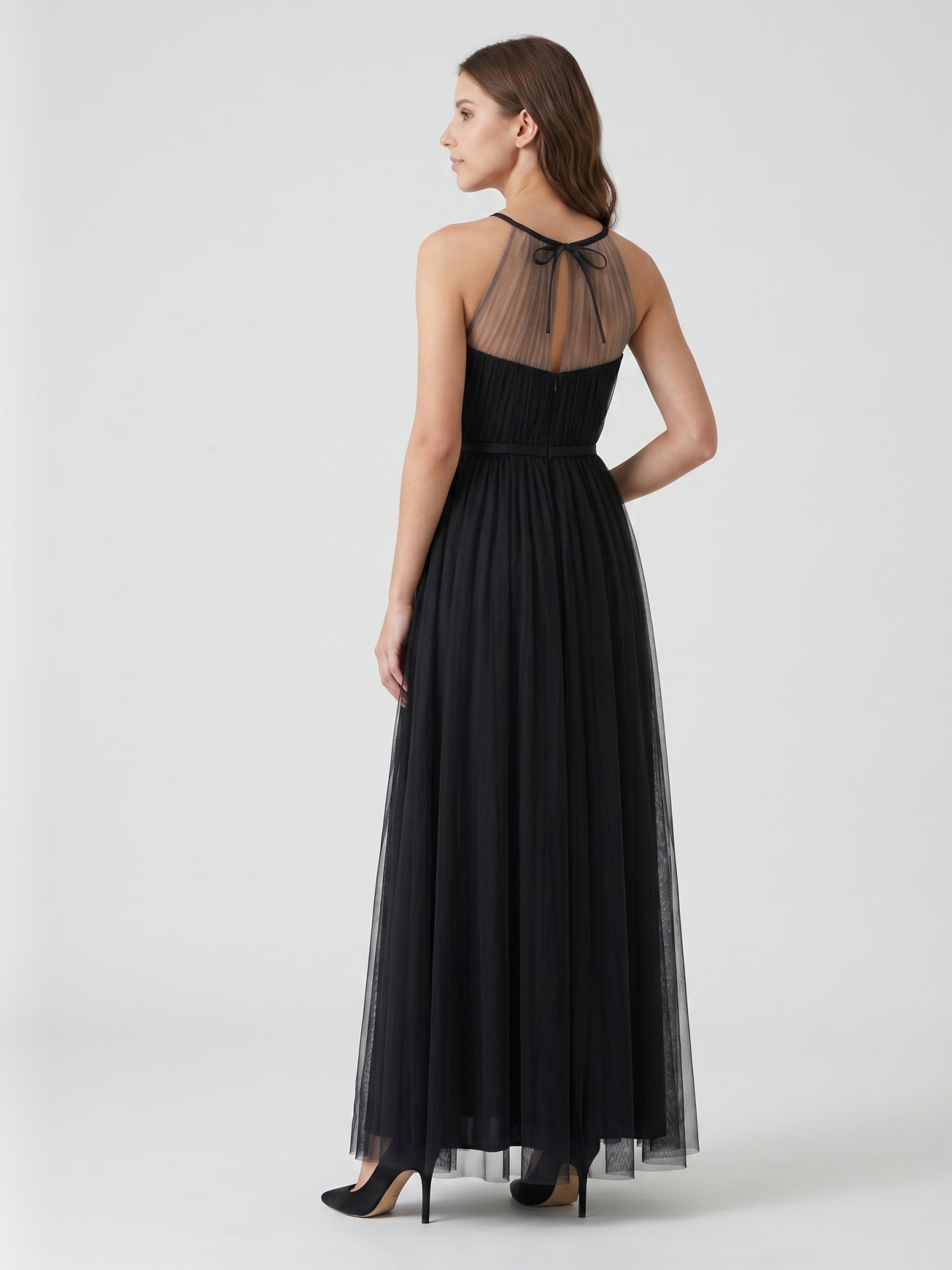 Black Tulle A-Line Halter Keyhole Back Floor-Length Pleated Bridesmaid Dress