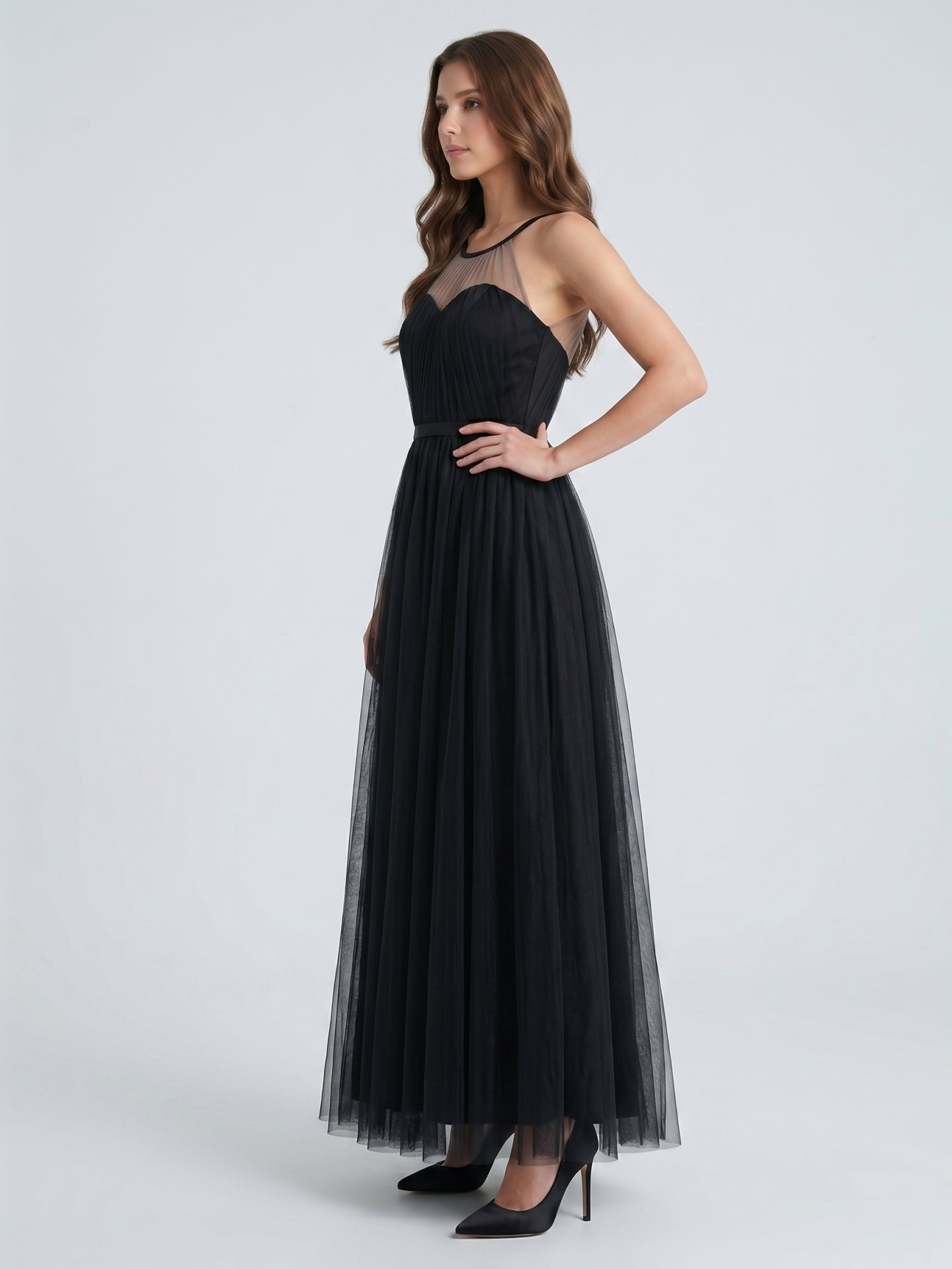 Black Tulle A-Line Halter Keyhole Back Floor-Length Pleated Bridesmaid Dress