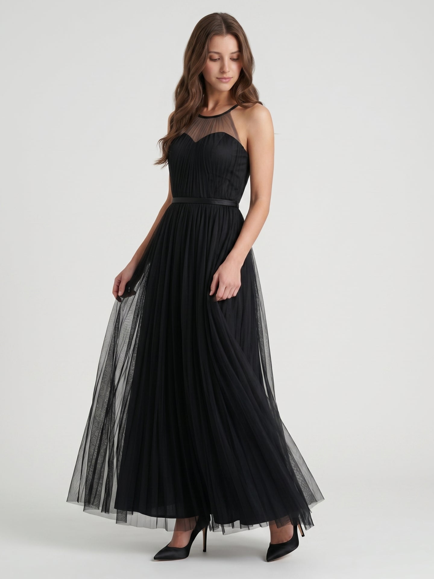 Black Tulle A-Line Halter Keyhole Back Floor-Length Pleated Bridesmaid Dress