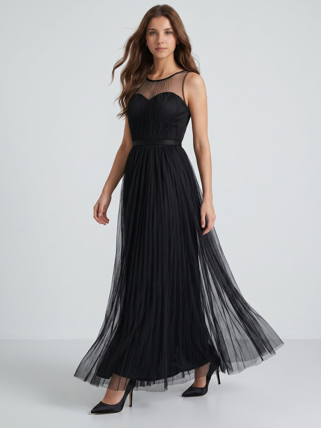 Black Tulle A-Line Halter Keyhole Back Floor-Length Pleated Bridesmaid Dress