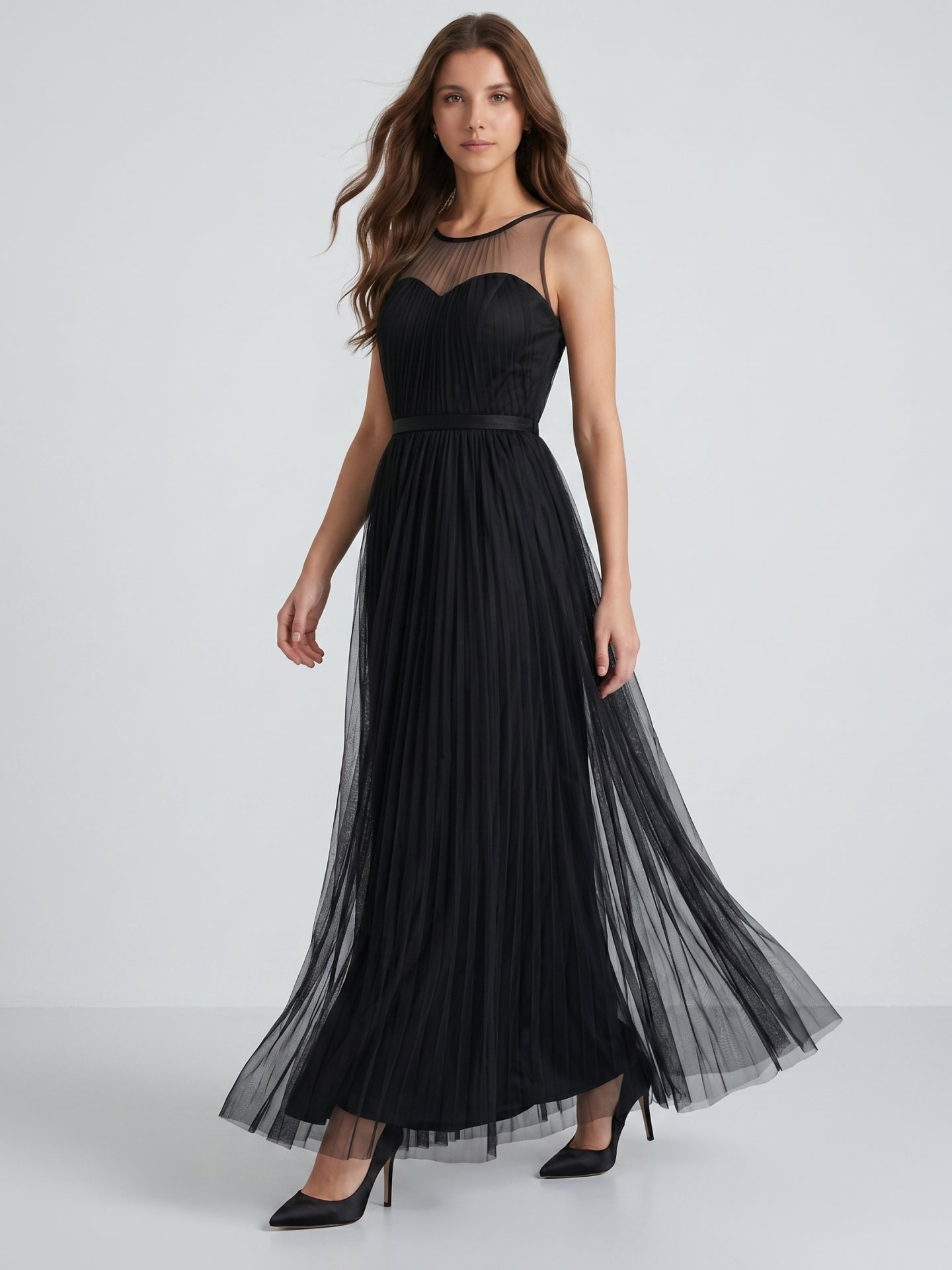 Black Tulle A-Line Halter Keyhole Back Floor-Length Pleated Bridesmaid Dress