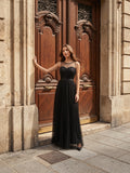 Black Tulle A-Line Halter Keyhole Back Floor-Length Pleated Bridesmaid Dress