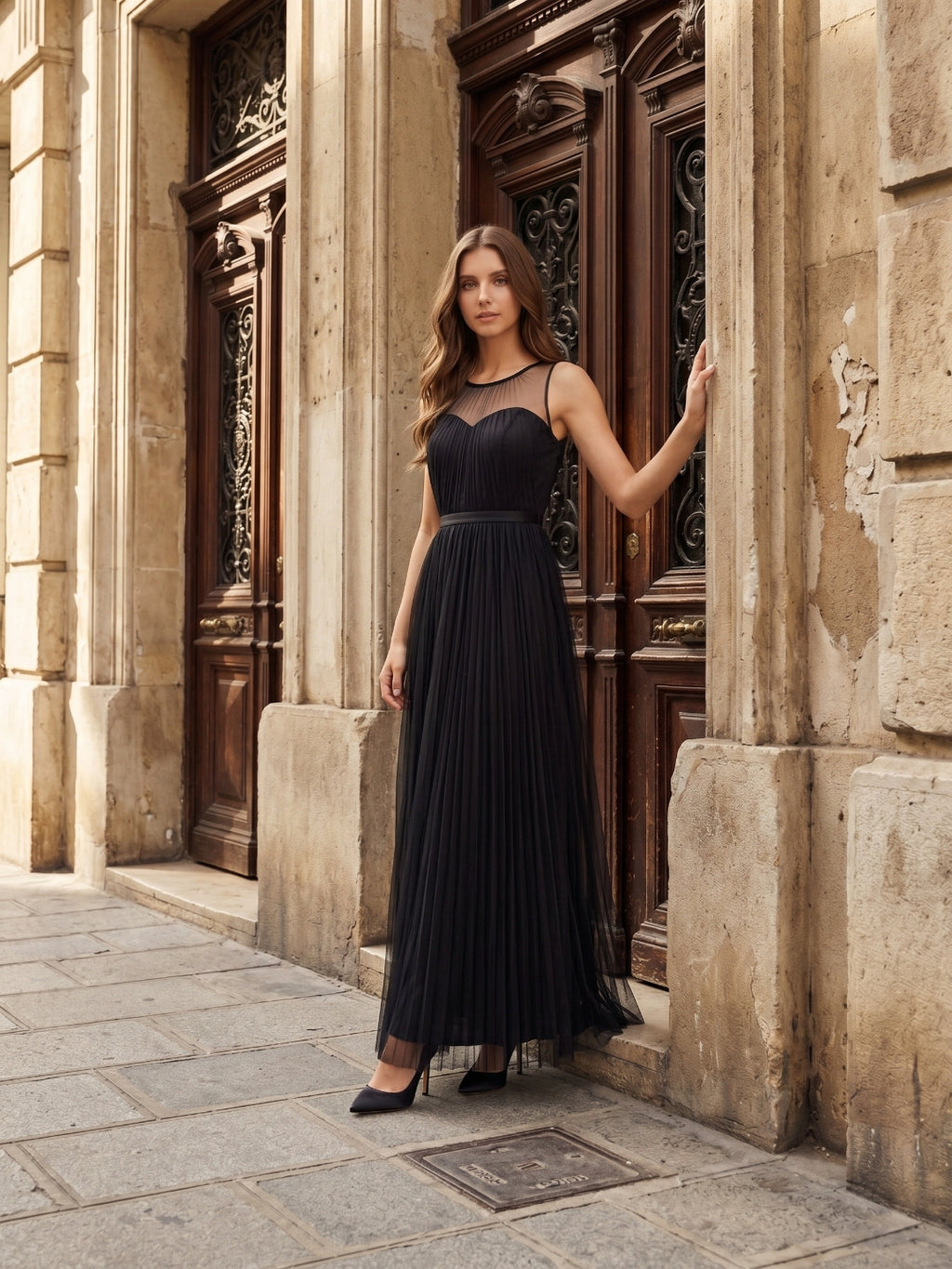 Black Tulle A-Line Halter Keyhole Back Floor-Length Pleated Bridesmaid Dress