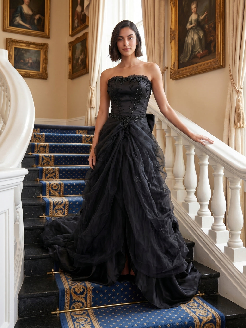 Black Tulle A-Line Straight Neck Criss-Cross Strap Floor-Length Prom Dress