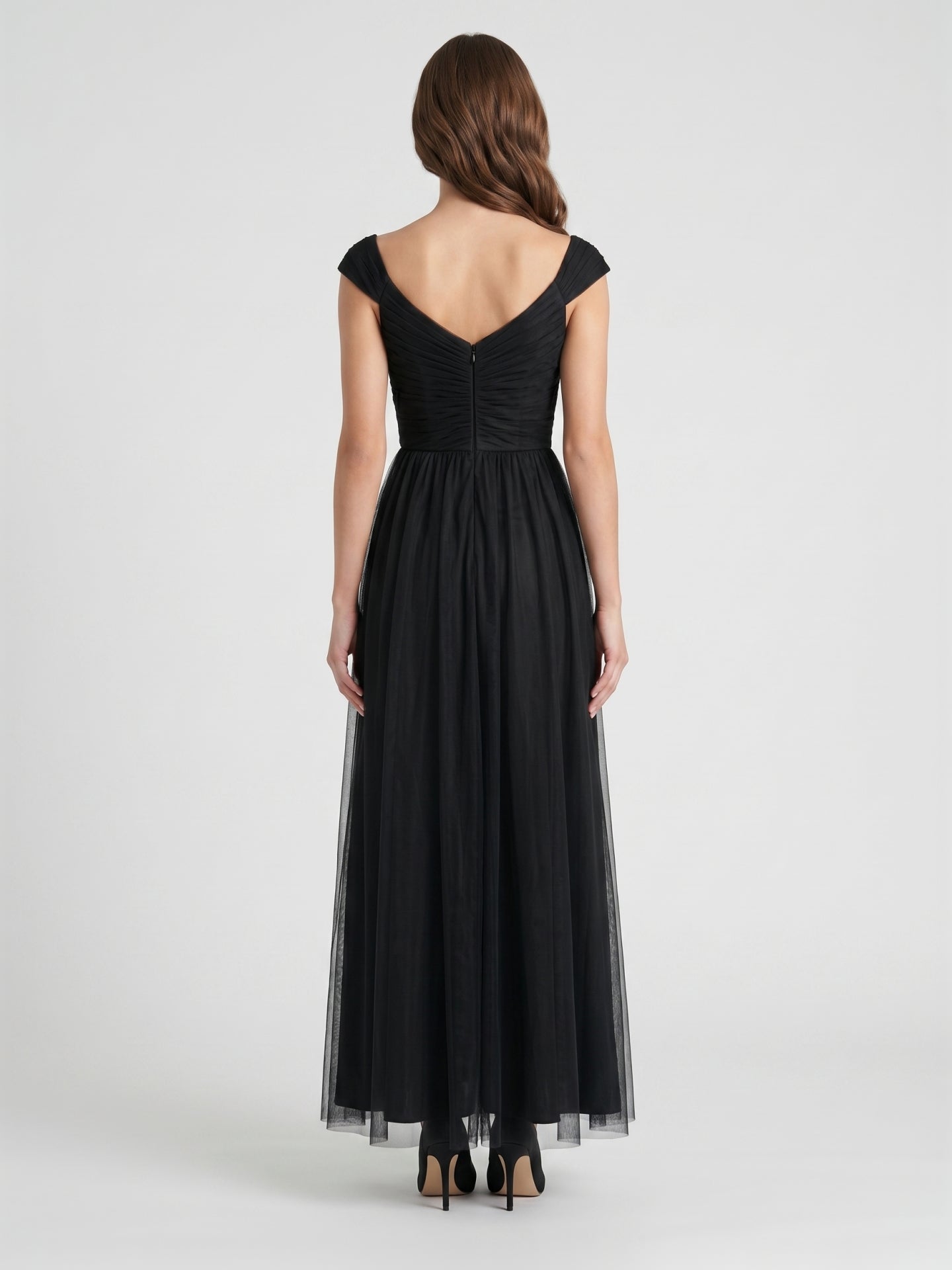 Black Tulle A-Line V-Neck Backless Floor-Length Pleated Bridesmaid Dress