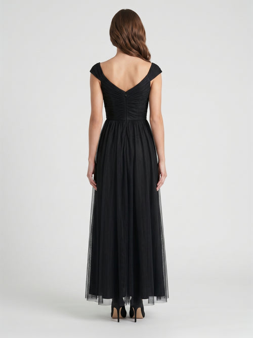 Black Tulle A-Line V-Neck Backless Floor-Length Pleated Bridesmaid Dress