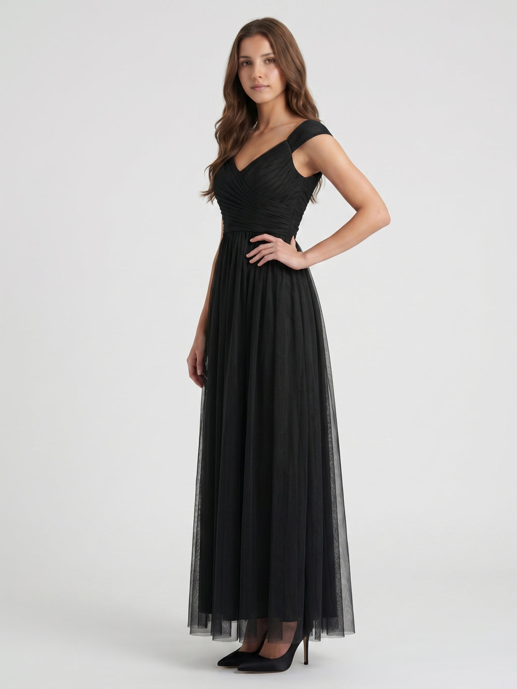 Black Tulle A-Line V-Neck Backless Floor-Length Pleated Bridesmaid Dress
