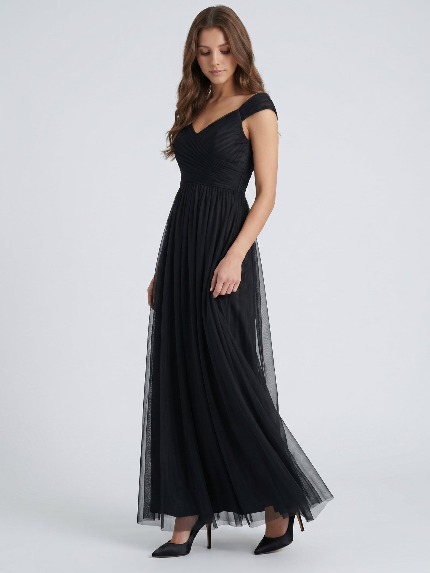 Black Tulle A-Line V-Neck Backless Floor-Length Pleated Bridesmaid Dress