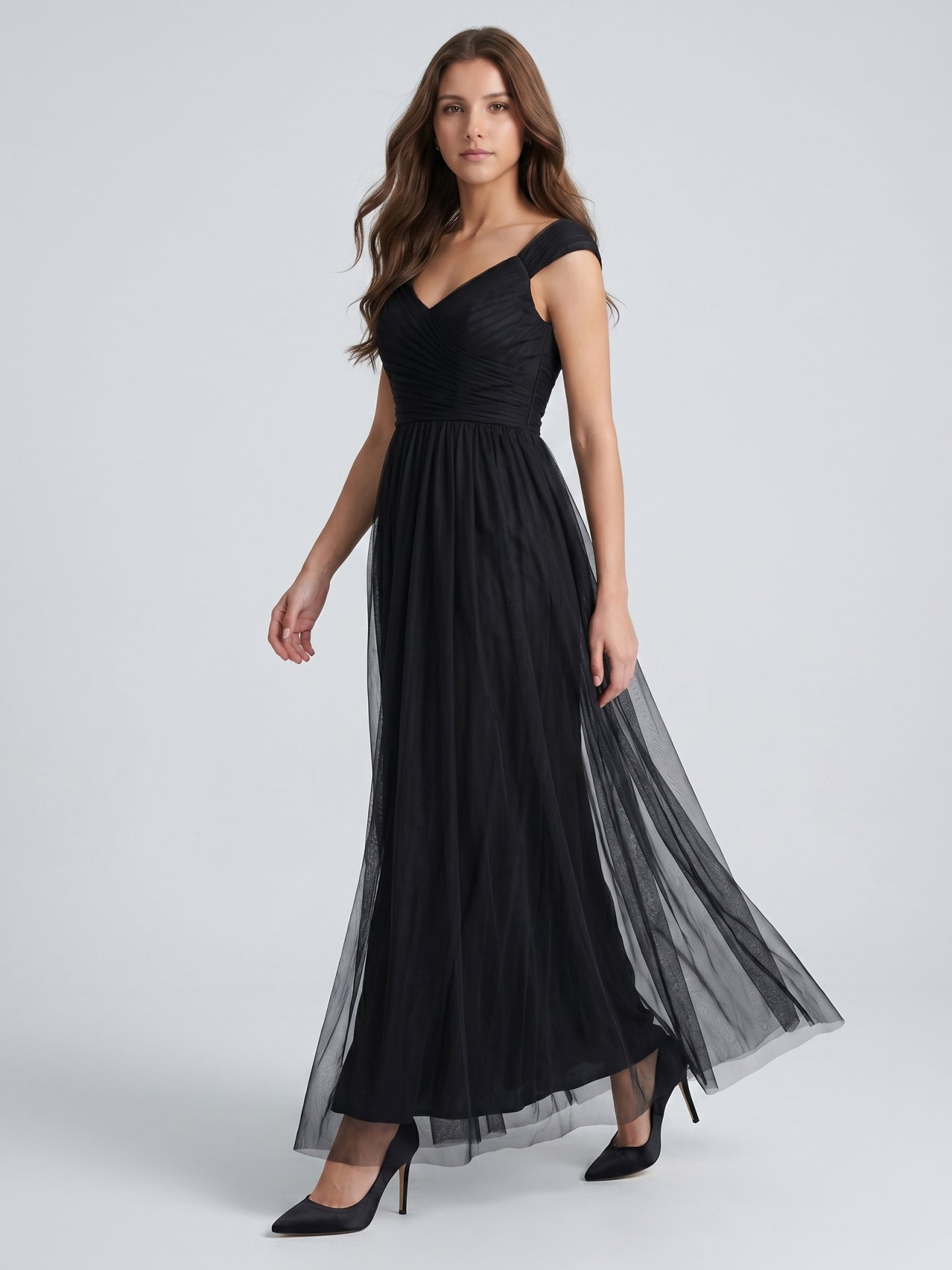 Black Tulle A-Line V-Neck Backless Floor-Length Pleated Bridesmaid Dress