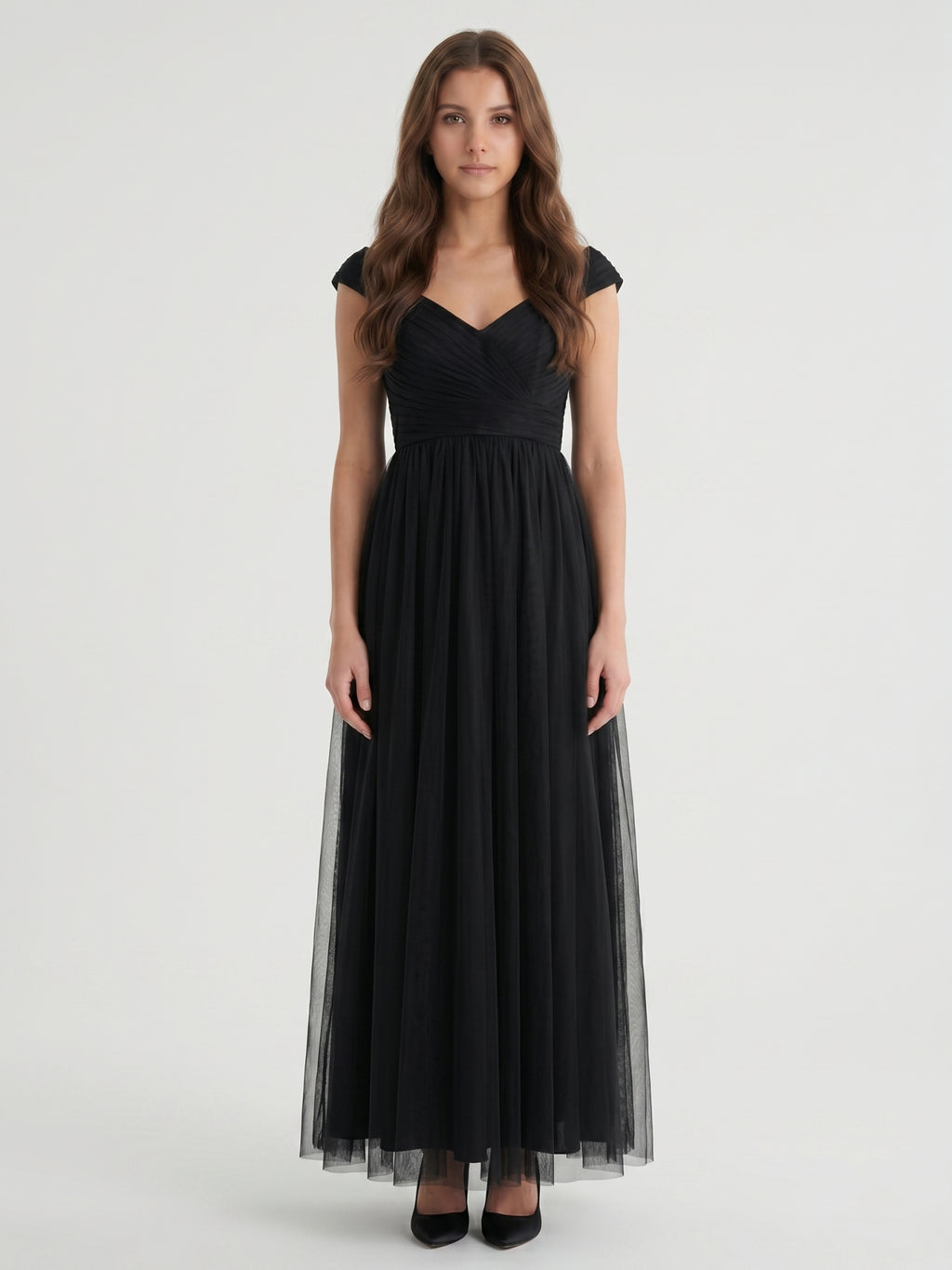 Black Tulle A-Line V-Neck Backless Floor-Length Pleated Bridesmaid Dress