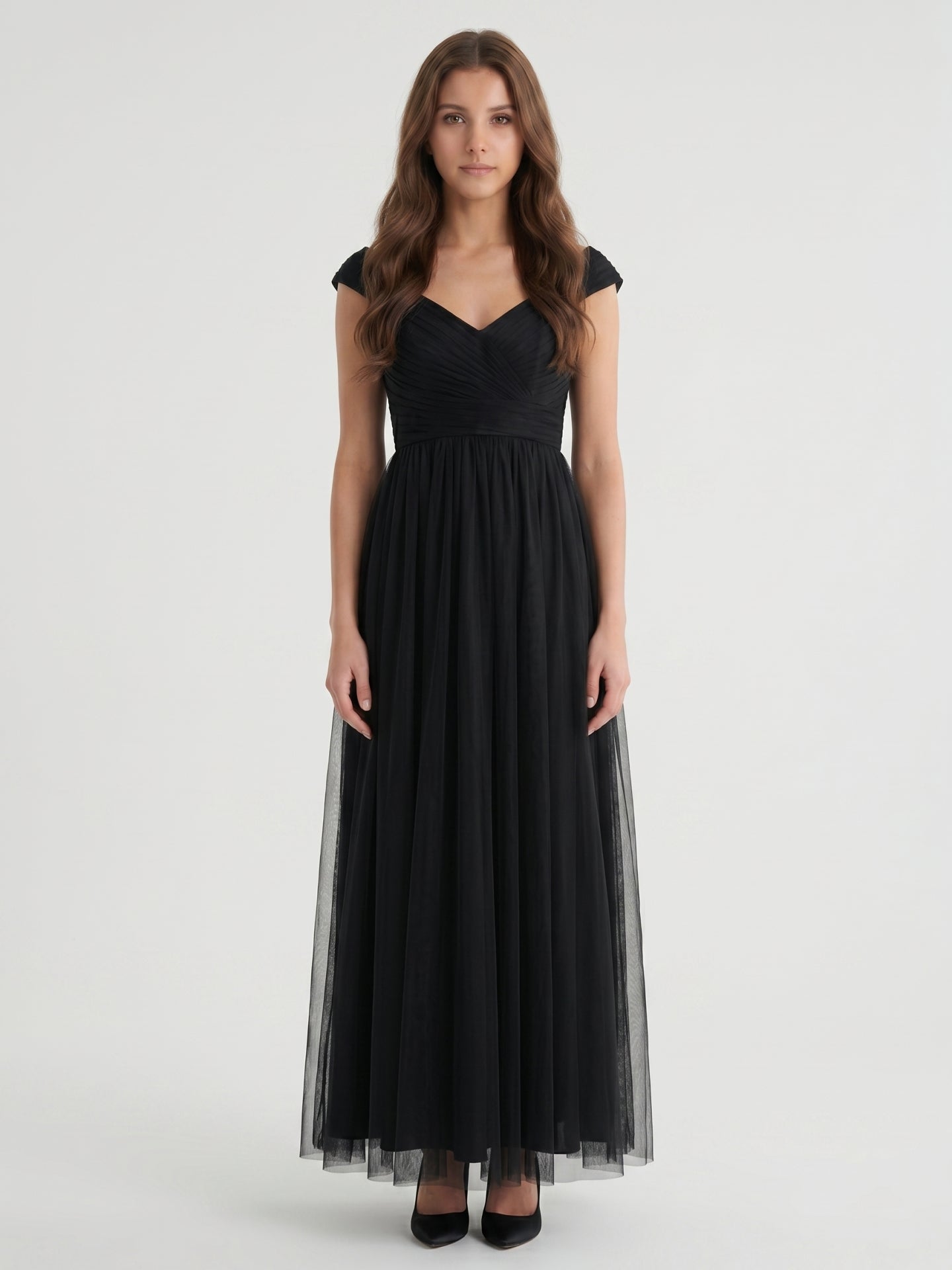Black Tulle A-Line V-Neck Backless Floor-Length Pleated Bridesmaid Dress