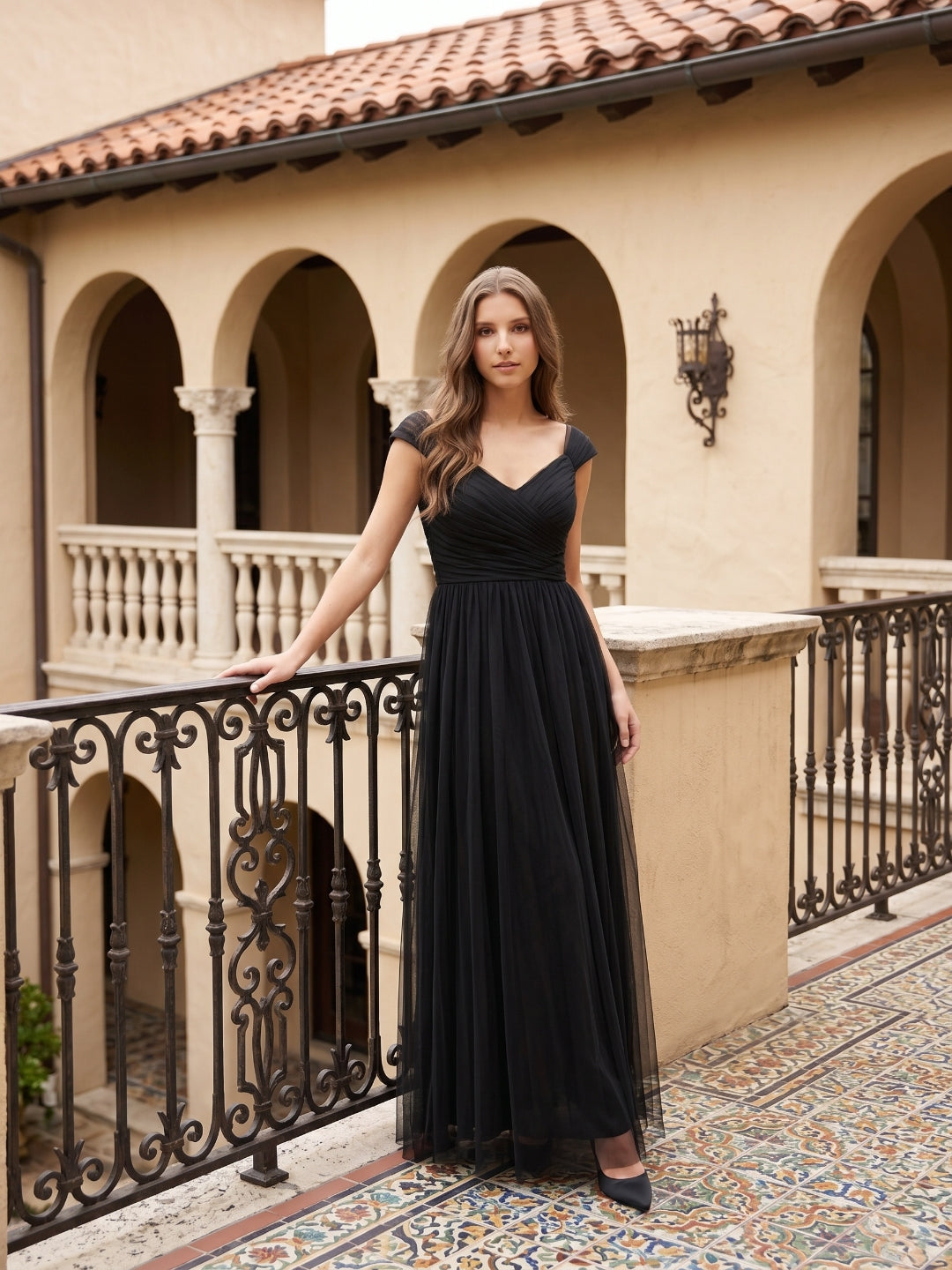 Black Tulle A-Line V-Neck Backless Floor-Length Pleated Bridesmaid Dress