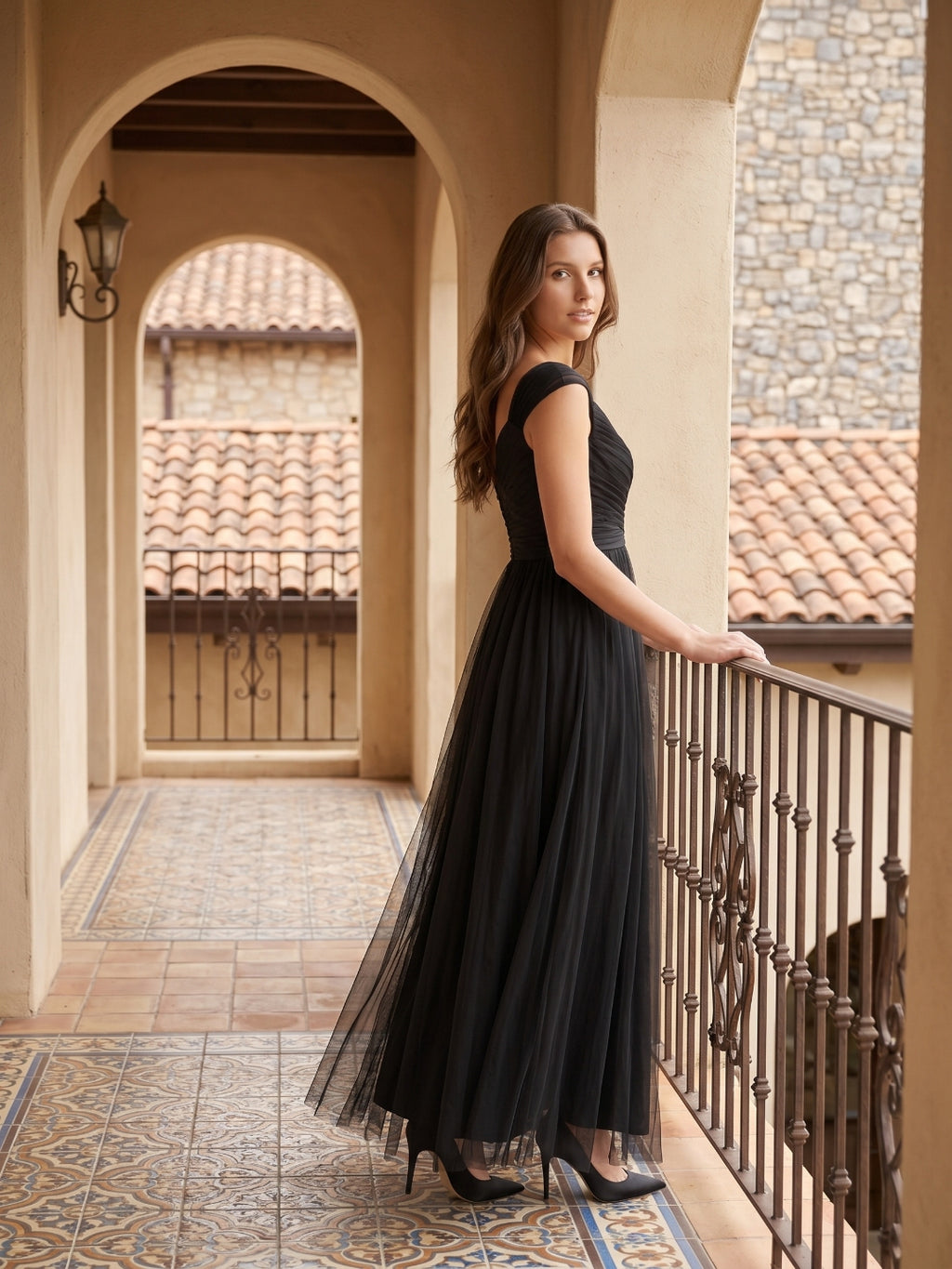 Black Tulle A-Line V-Neck Backless Floor-Length Pleated Bridesmaid Dress