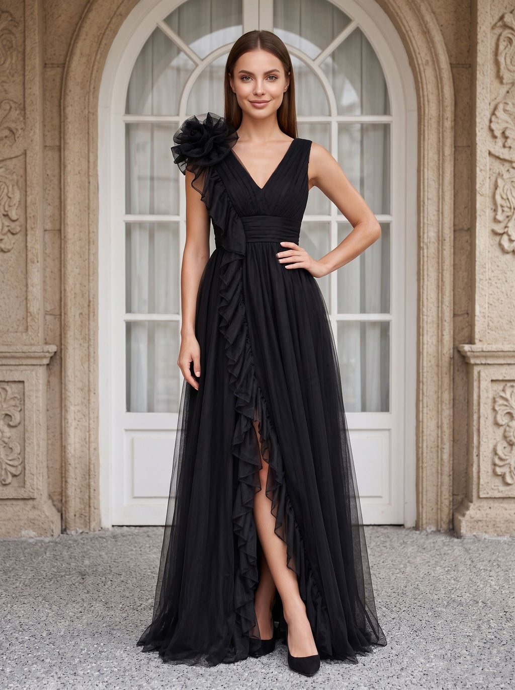 Black Tulle A-Line V-Neck Lace-up Floor-Length Dress