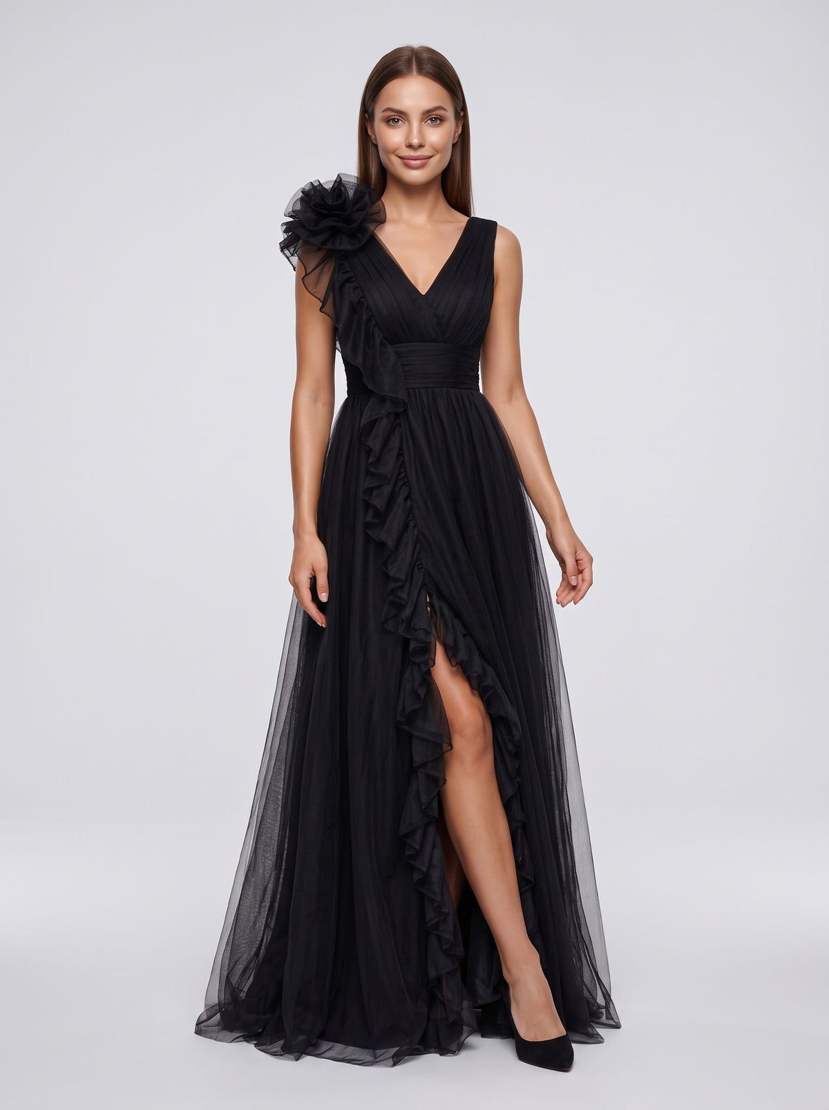 Black Tulle A-Line V-Neck Lace-up Floor-Length Dress