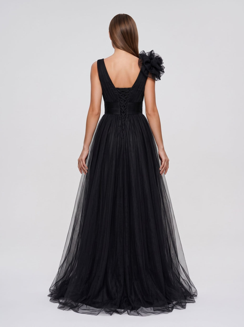 Black Tulle A-Line V-Neck Lace-up Floor-Length Dress
