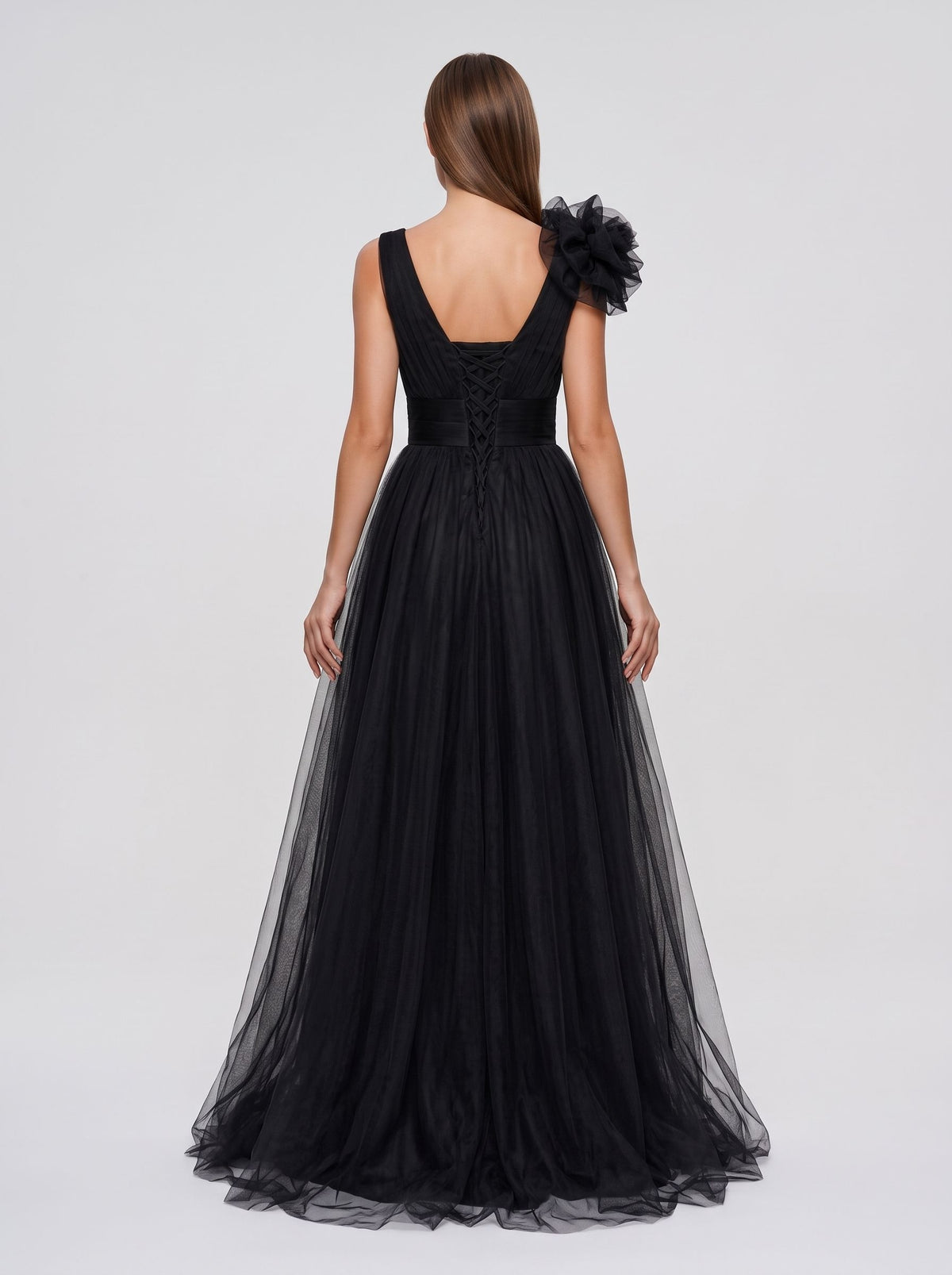 Black Tulle A-Line V-Neck Lace-up Floor-Length Dress