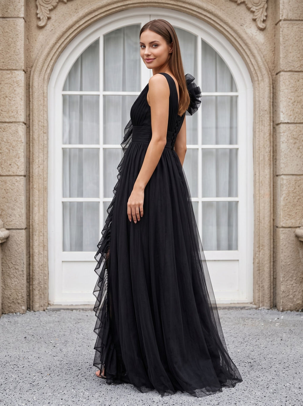 Black Tulle A-Line V-Neck Lace-up Floor-Length Dress