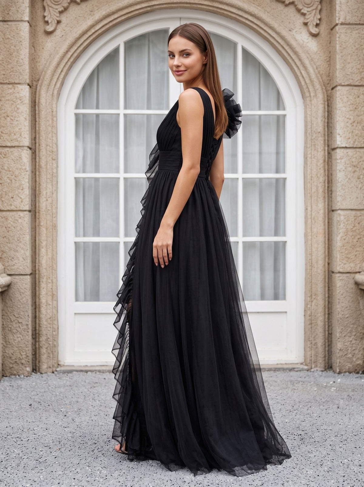 Black Tulle A-Line V-Neck Lace-up Floor-Length Dress