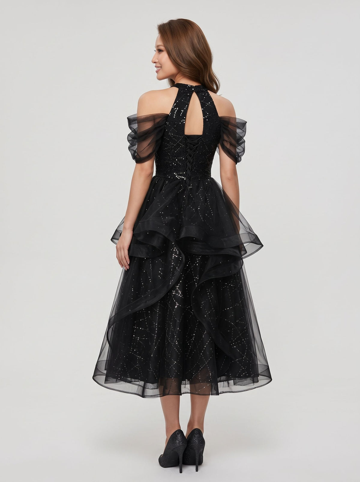 Black Tulle & Sequin A-Line Halter neckline Lace-up Tea-Length Dress