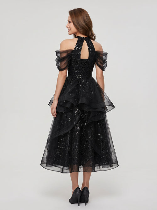 Black Tulle & Sequin A-Line Halter neckline Lace-up Tea-Length Dress