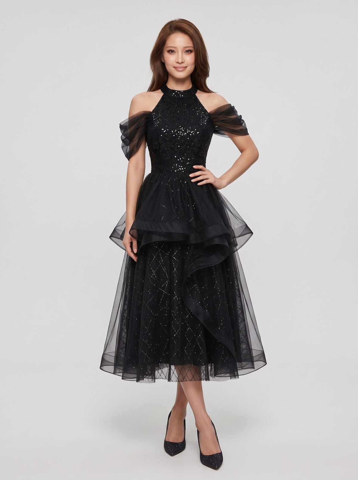 Black Tulle & Sequin A-Line Halter neckline Lace-up Tea-Length Dress