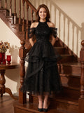 Black Tulle & Sequin A-Line Halter neckline Lace-up Tea-Length Dress