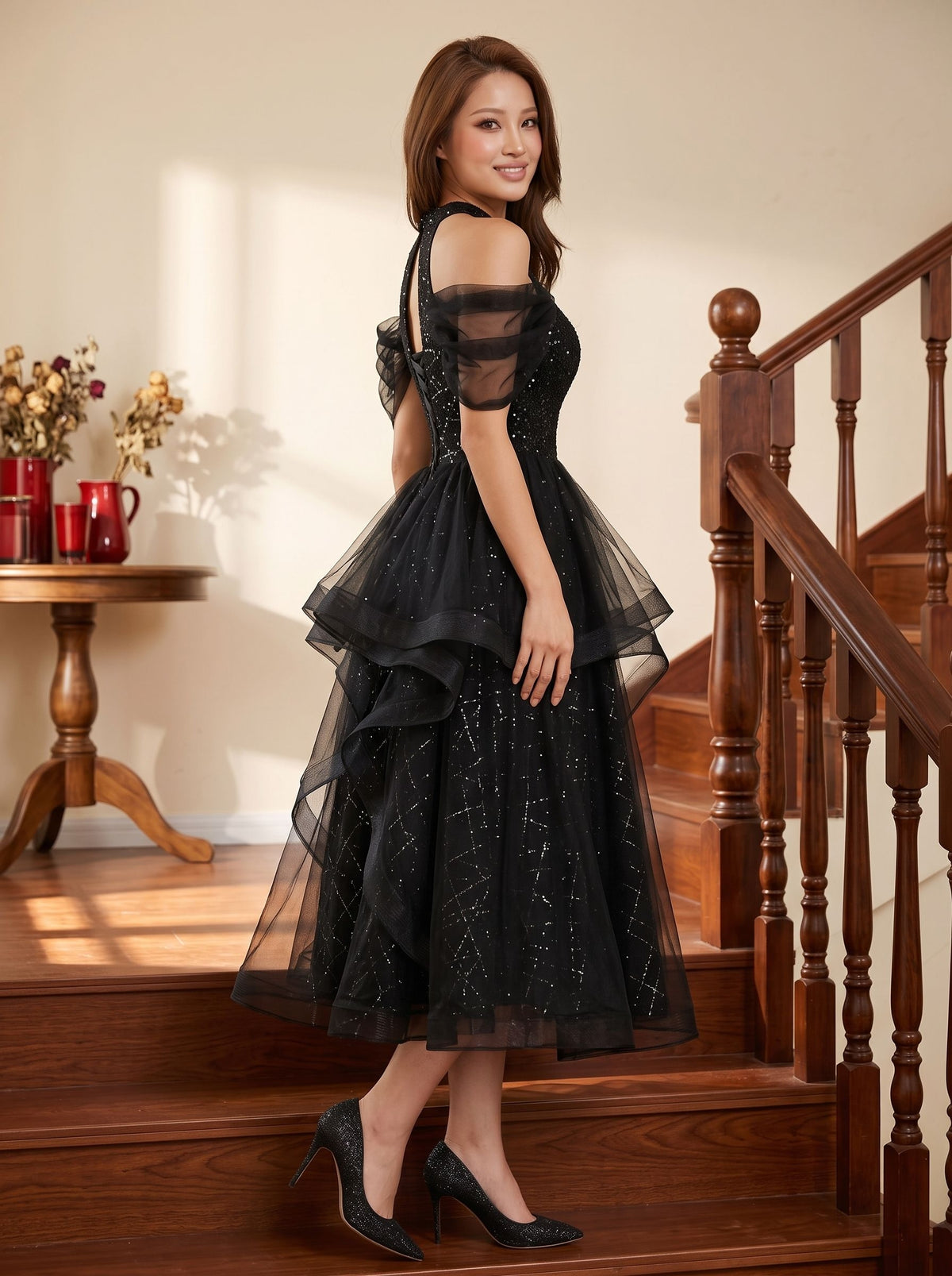 Black Tulle & Sequin A-Line Halter neckline Lace-up Tea-Length Dress