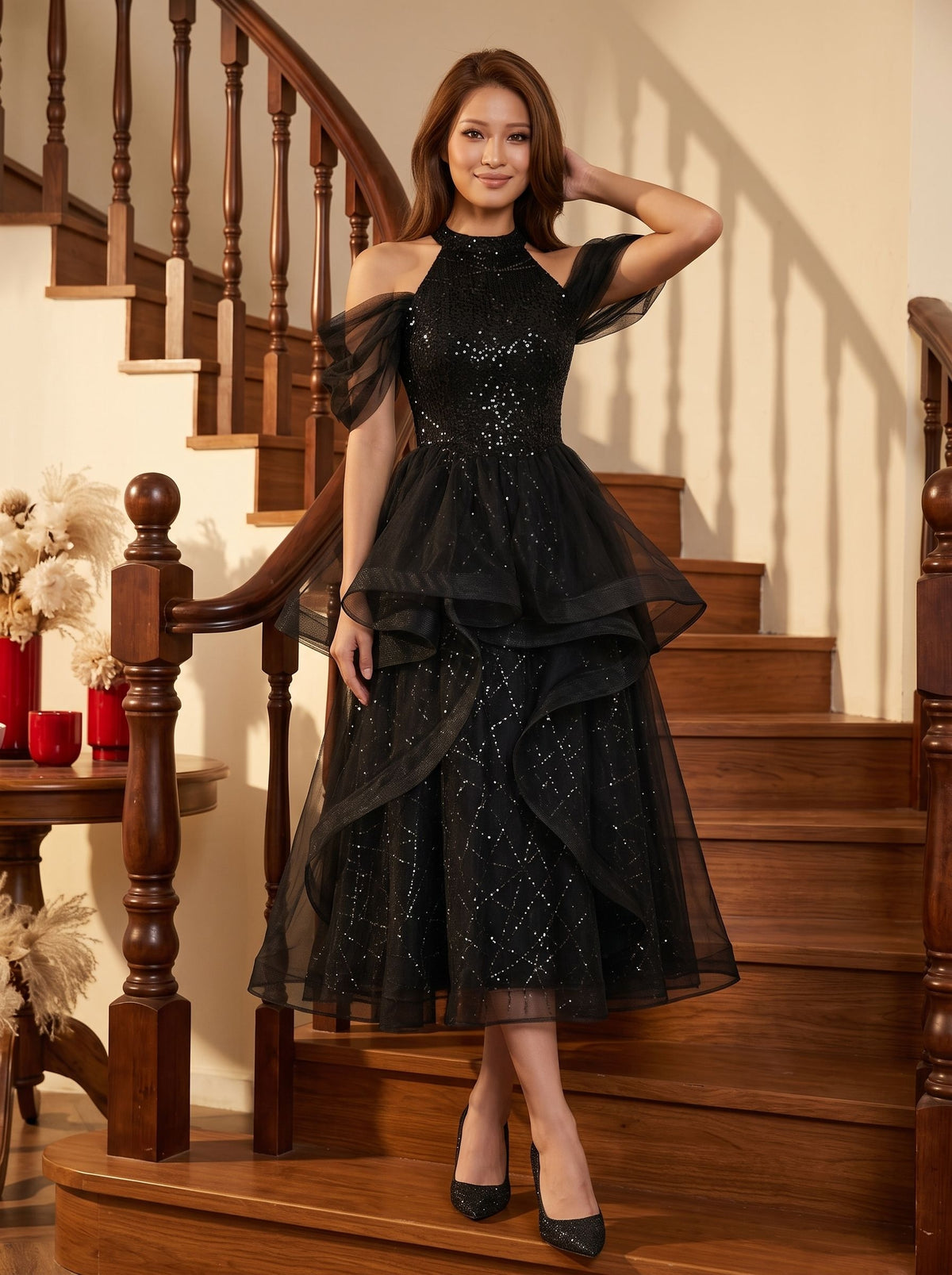 Black Tulle & Sequin A-Line Halter neckline Lace-up Tea-Length Dress