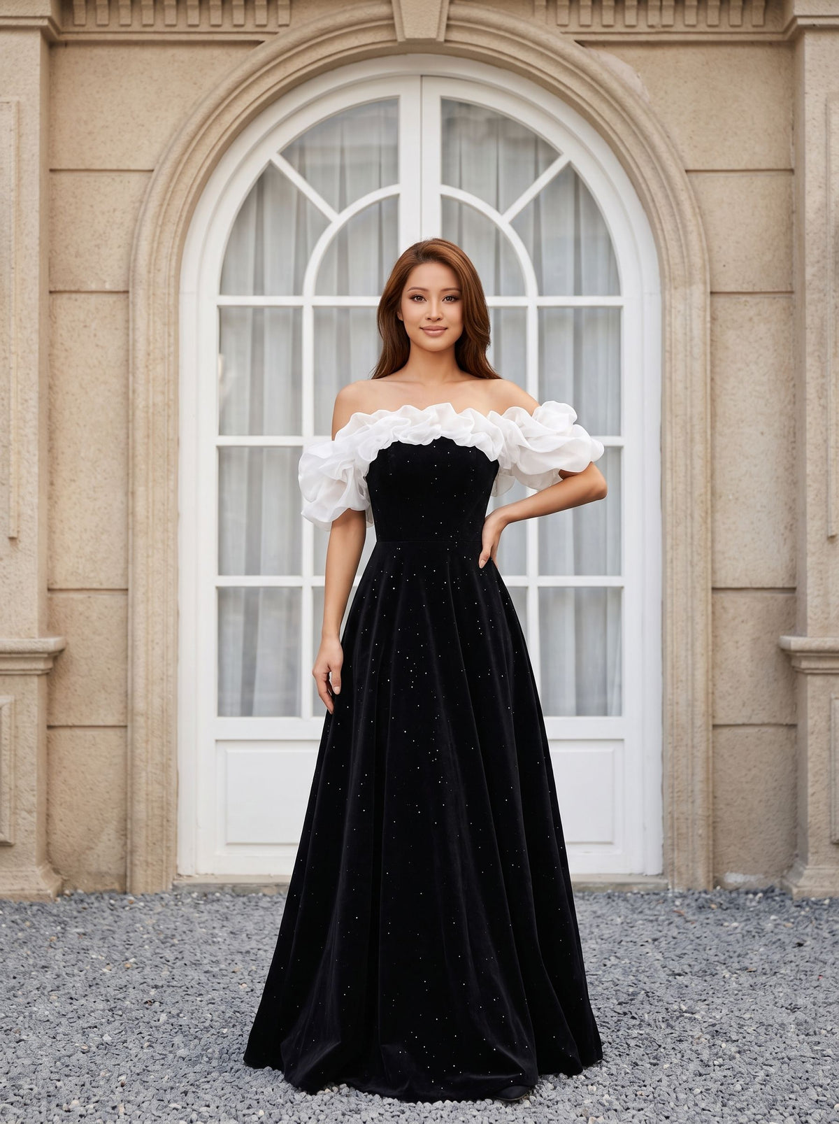 Black Velvet A-Line Off-the-Shoulder Back Zip Floor-Length Dress