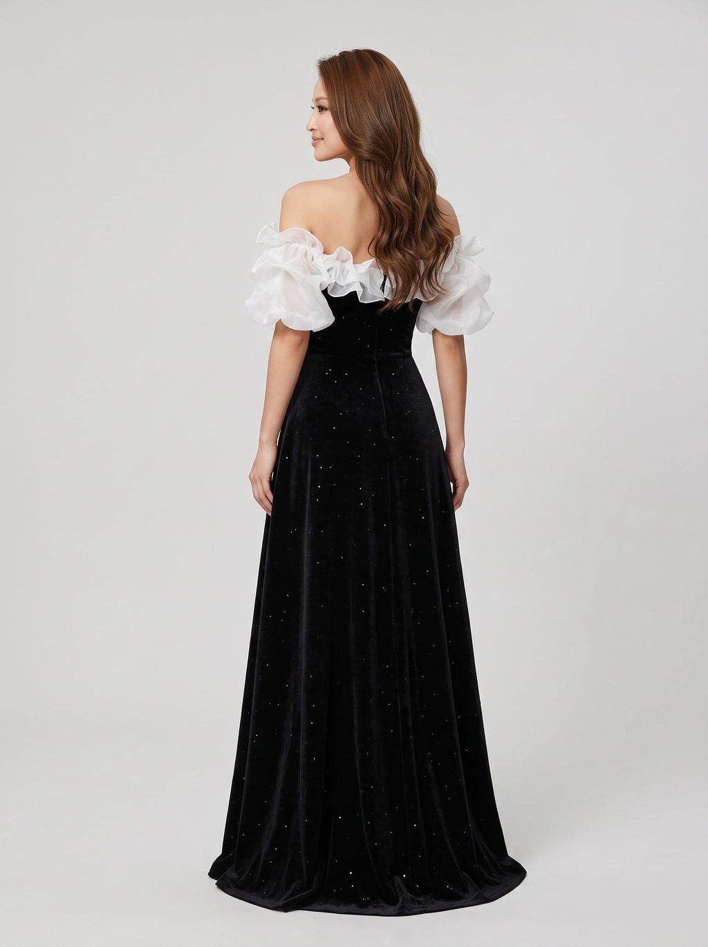Black Velvet A-Line Off-the-Shoulder Back Zip Floor-Length Dress