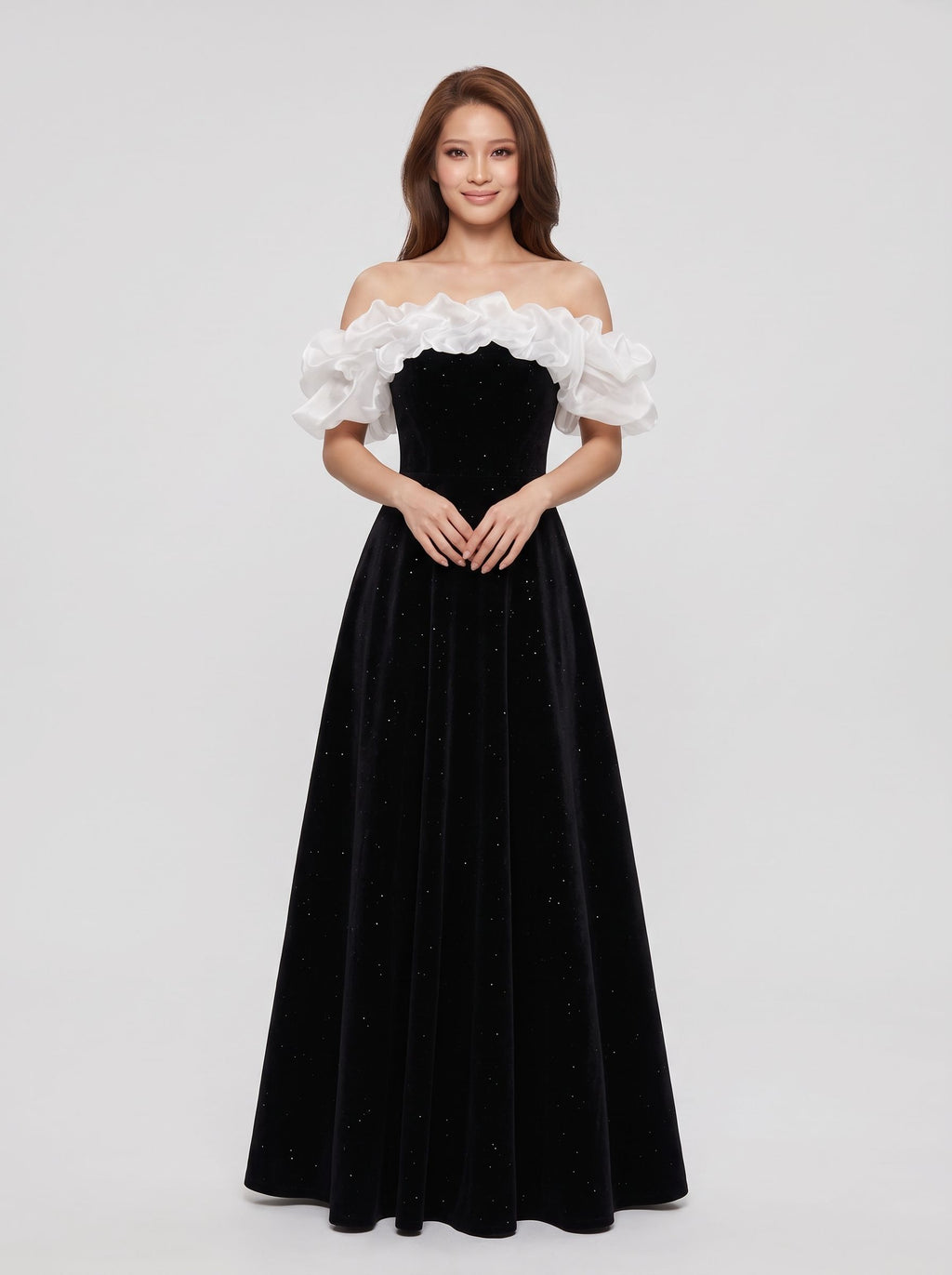 Black Velvet A-Line Off-the-Shoulder Back Zip Floor-Length Dress