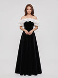 Black Velvet A-Line Off-the-Shoulder Back Zip Floor-Length Dress