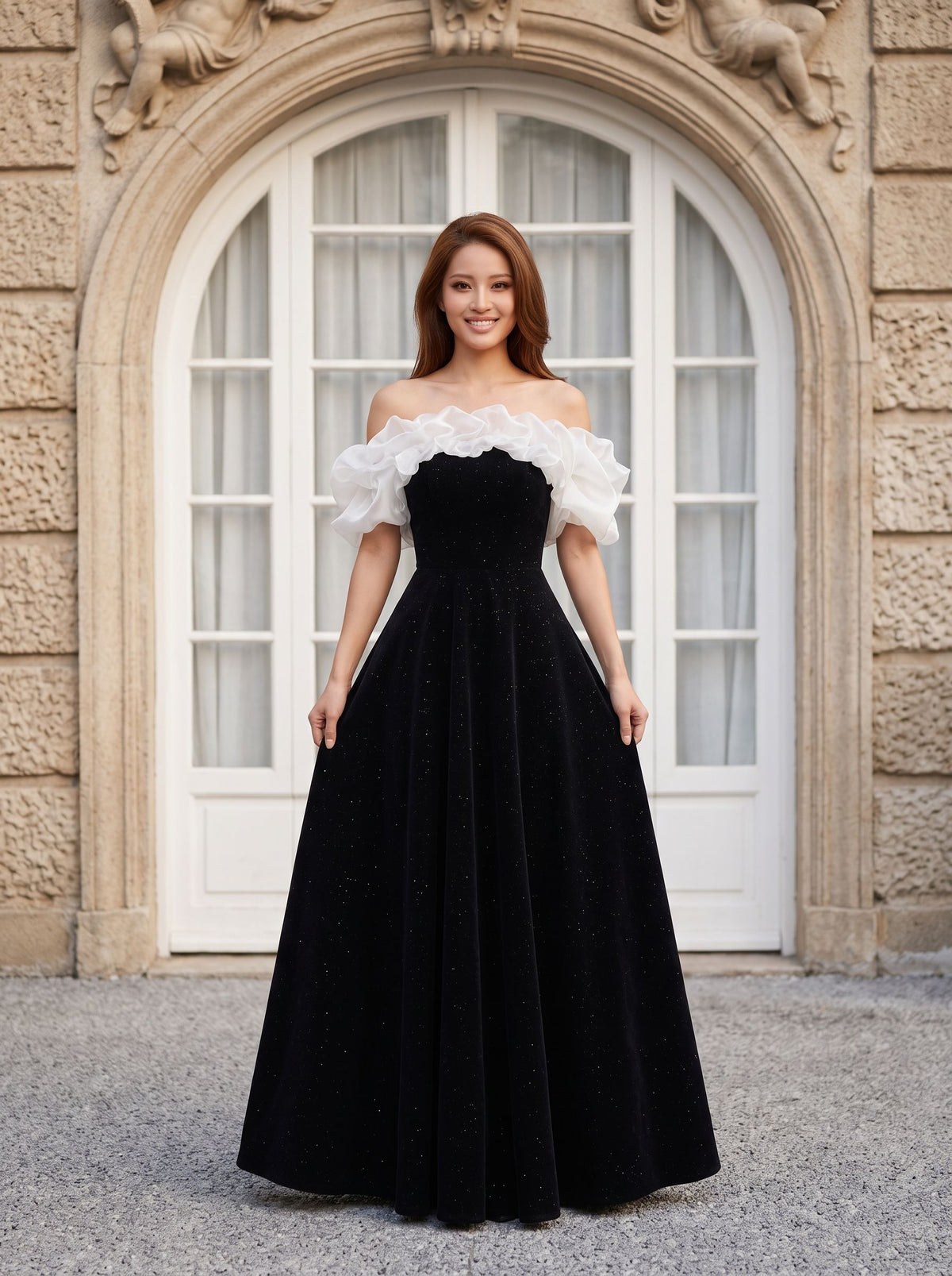 Black Velvet A-Line Off-the-Shoulder Back Zip Floor-Length Dress