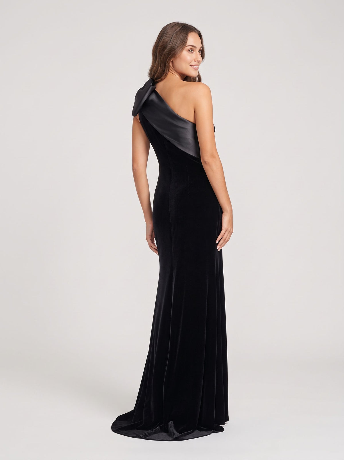 Black Velvet Sheath One Shoulder Bow Floor-Length Dress