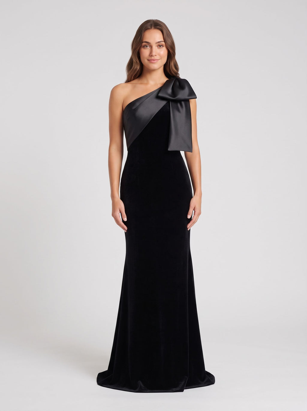 Black Velvet Sheath One Shoulder Bow Floor-Length Dress