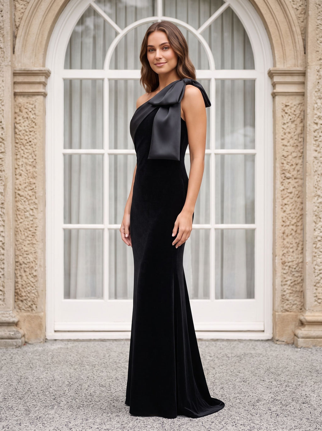 Black Velvet Sheath One Shoulder Bow Floor-Length Dress