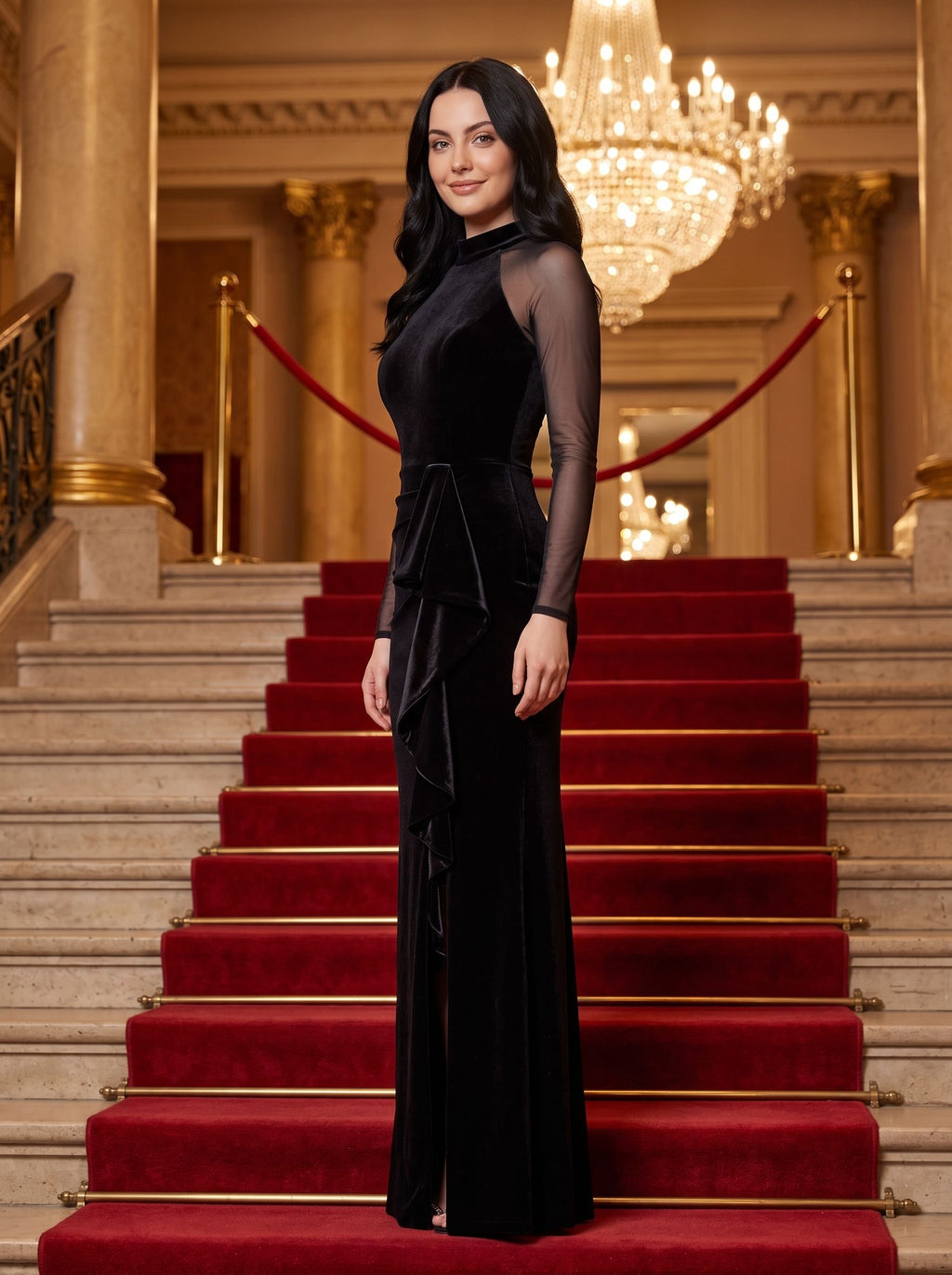 Black Velvet Sheath Scoop Neck Back Zip Floor-Length Prom Dresses